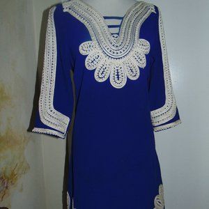 CAMILLA TREE Royal Blue Embroidered Resort Beach Tunic Shift Mini Dress Sz Small